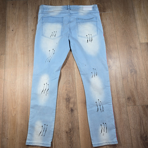M Society Jeans 40x32 Blue Skinny Fit Distressed Paint Splatter Red Side Stripe - Picture 10 of 10